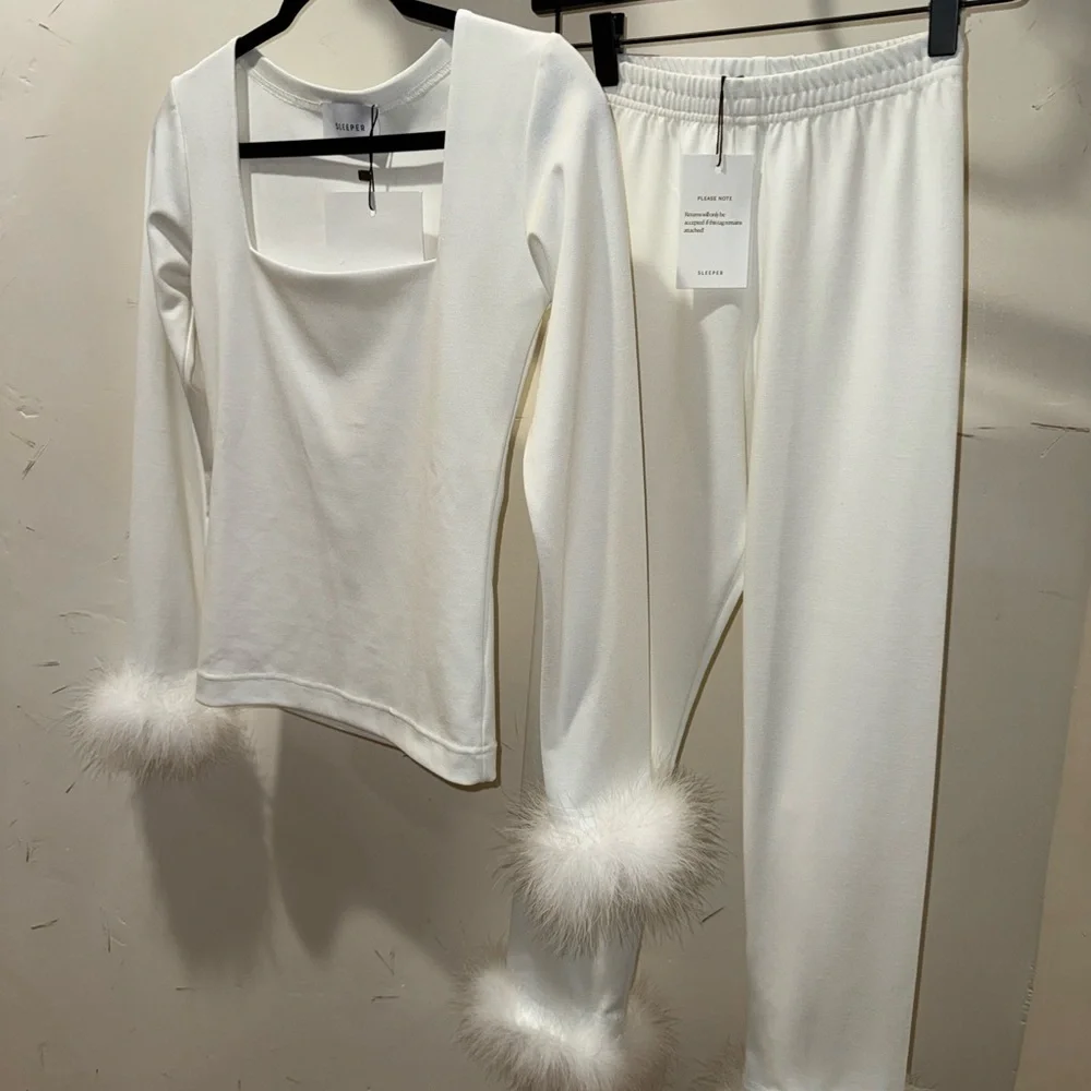 Sleeper White Marabou-Trim Pajama Set